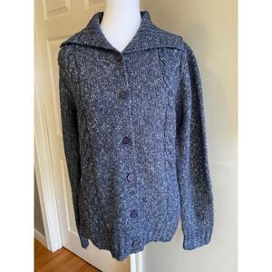 LL BEAN Cable Knit Cardigan Sweater with Shawl Collar, Button Front, Blue, Cozy